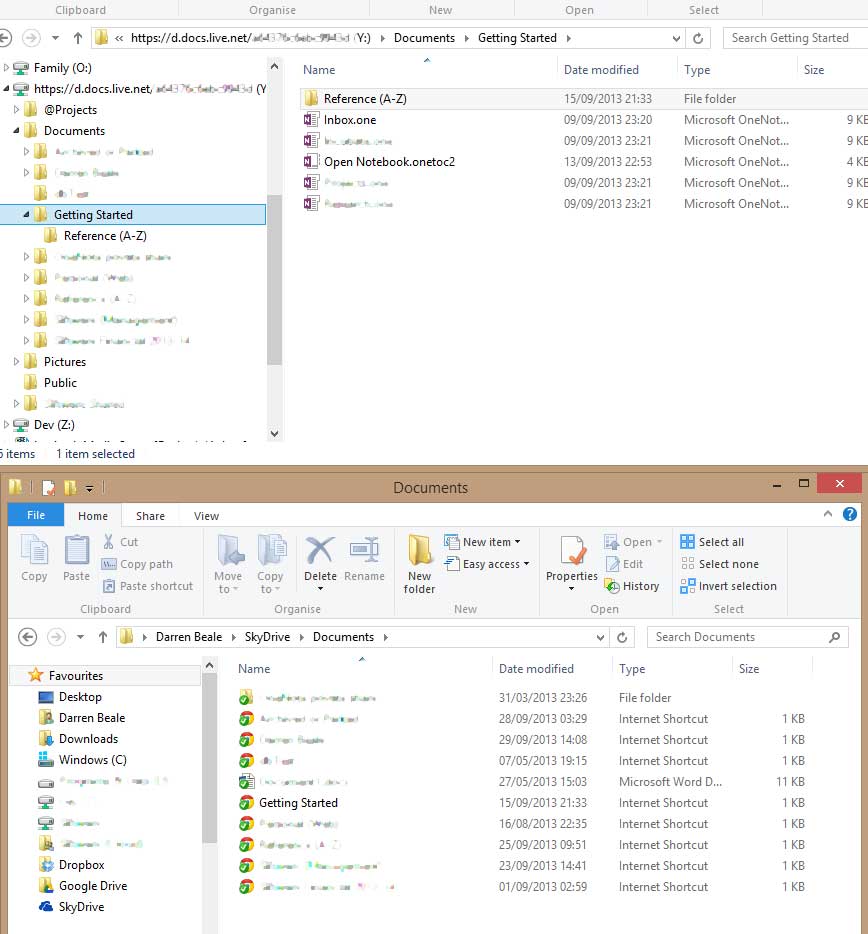 Dav vs. local Skydrive, note that the Skydrive version is an HTML file whilst with DAV, it's a folder and I have individual .one files.
